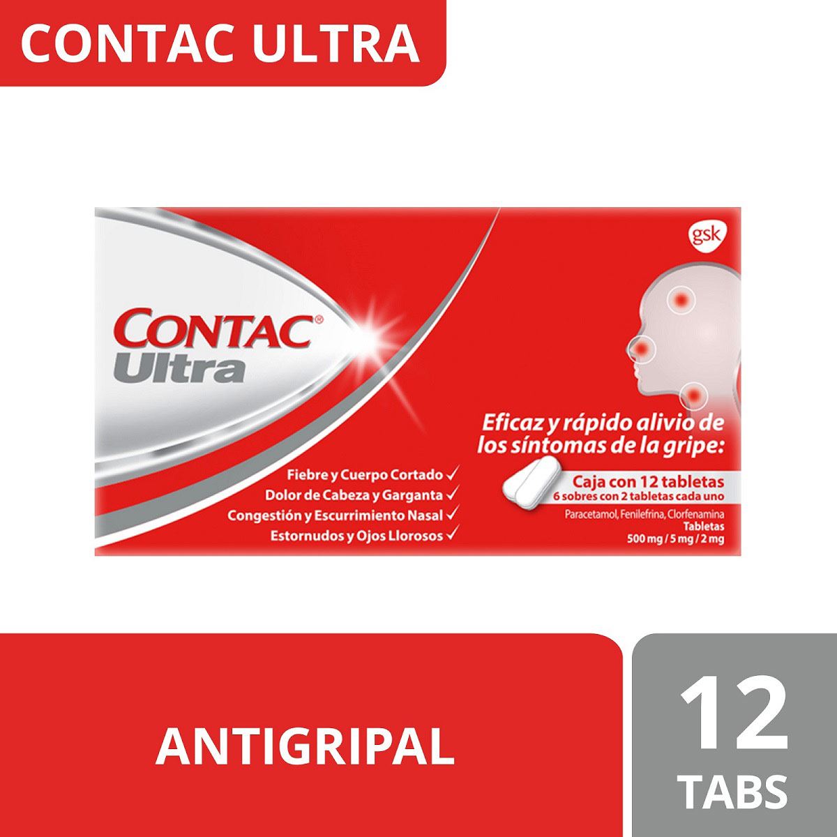 Pastillas Antigripales Contac Ultra 12 tabletas image number null