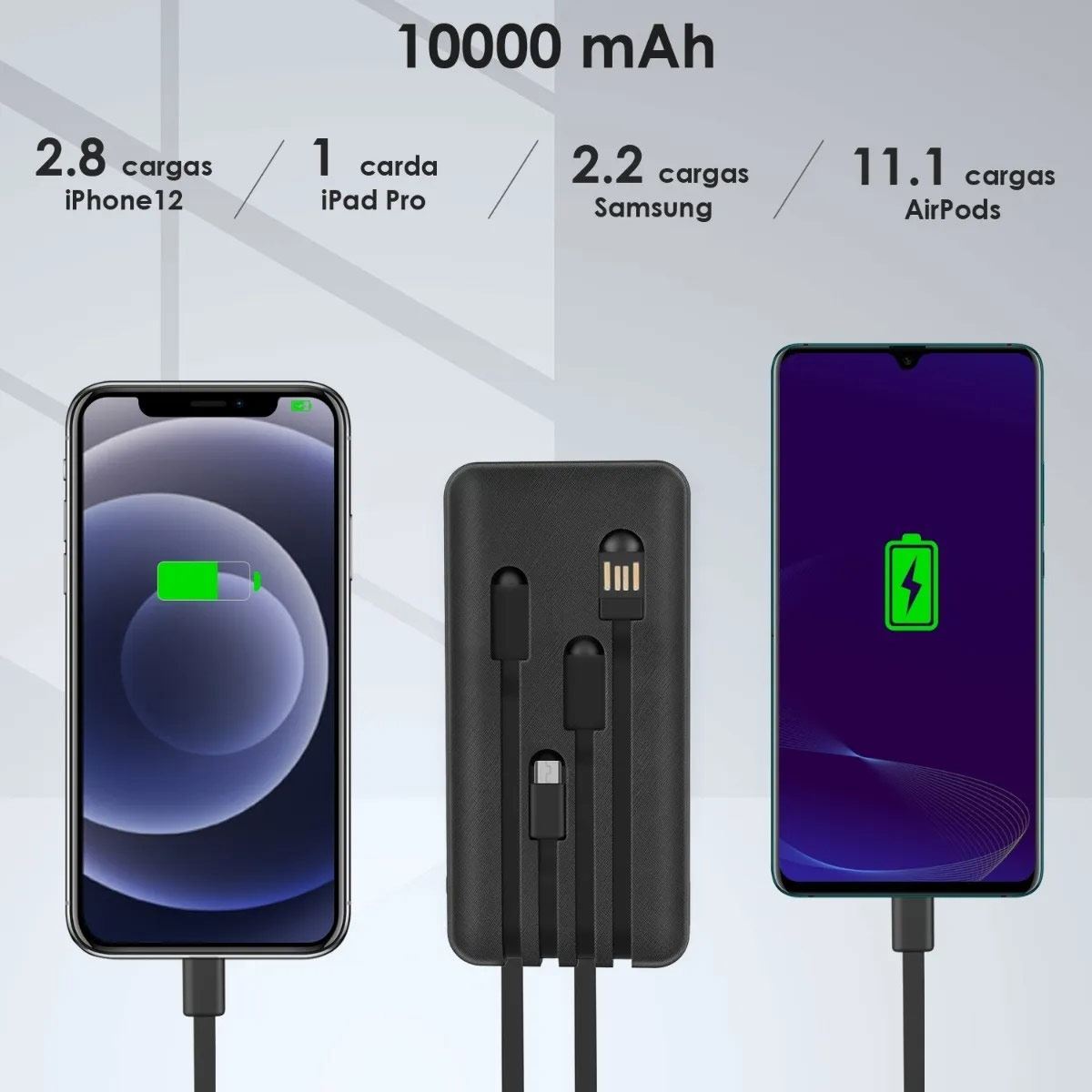 Batería 10000 mAh 2.1A con Cables Integrados image number null