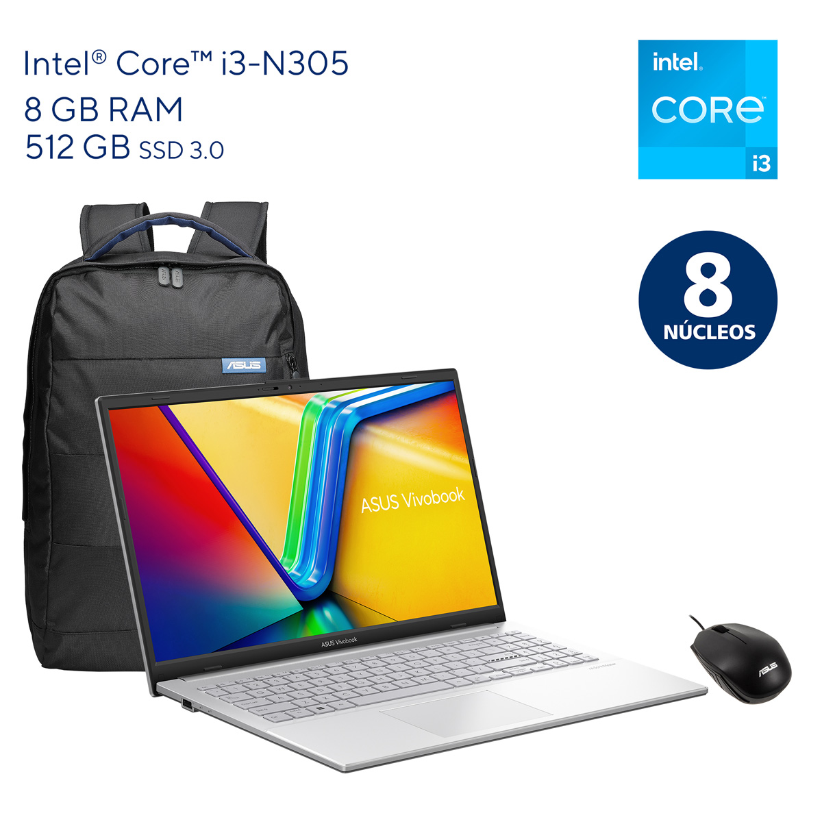 Laptop ASUS VivoBook E1504GA-NJ163W CI3-N305 8 RAM 512SSD+Mochila y Mouse image number null