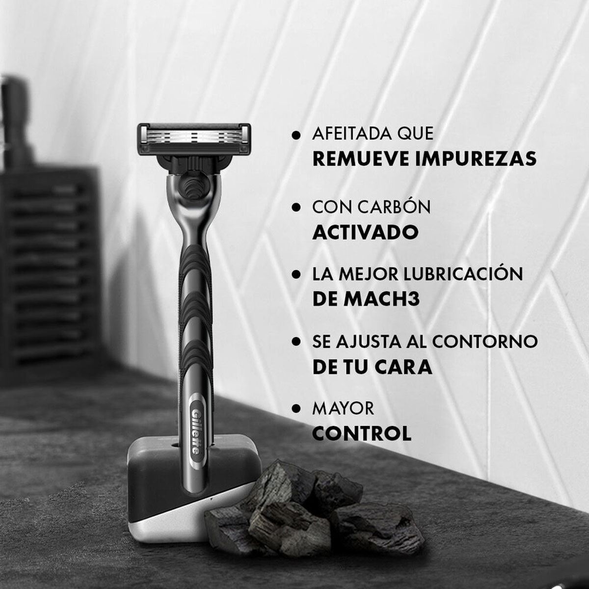 Gillette Mach3 Carbono Rastrillo para Afeitar Reutilizable de 3 hojas 1 unidad image number null