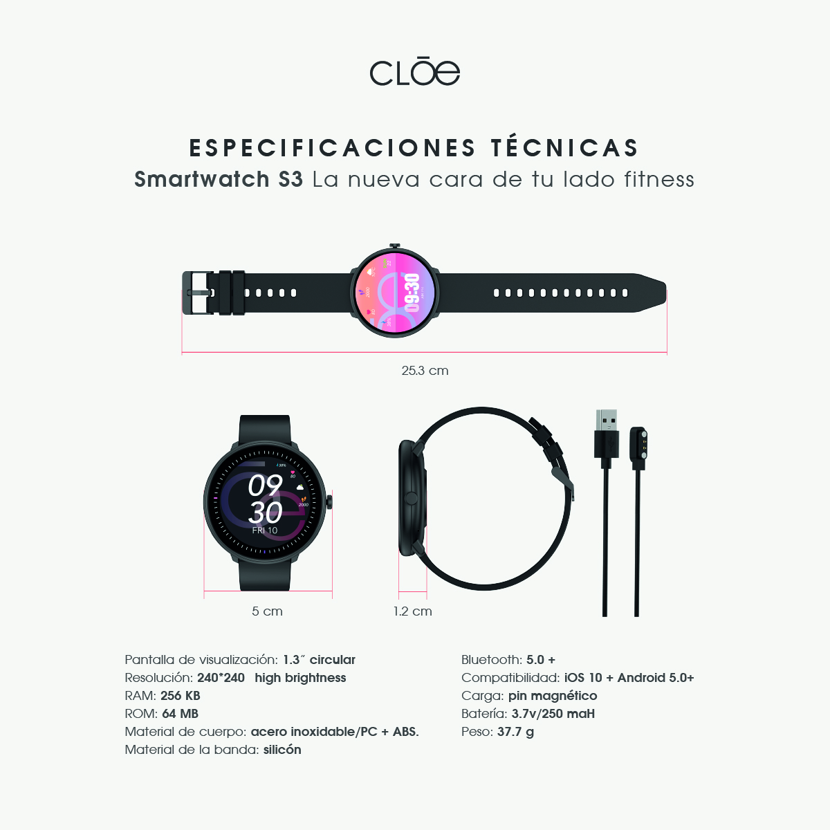 Smartwatch Cloe Series 3 silicón negro unisex image number null