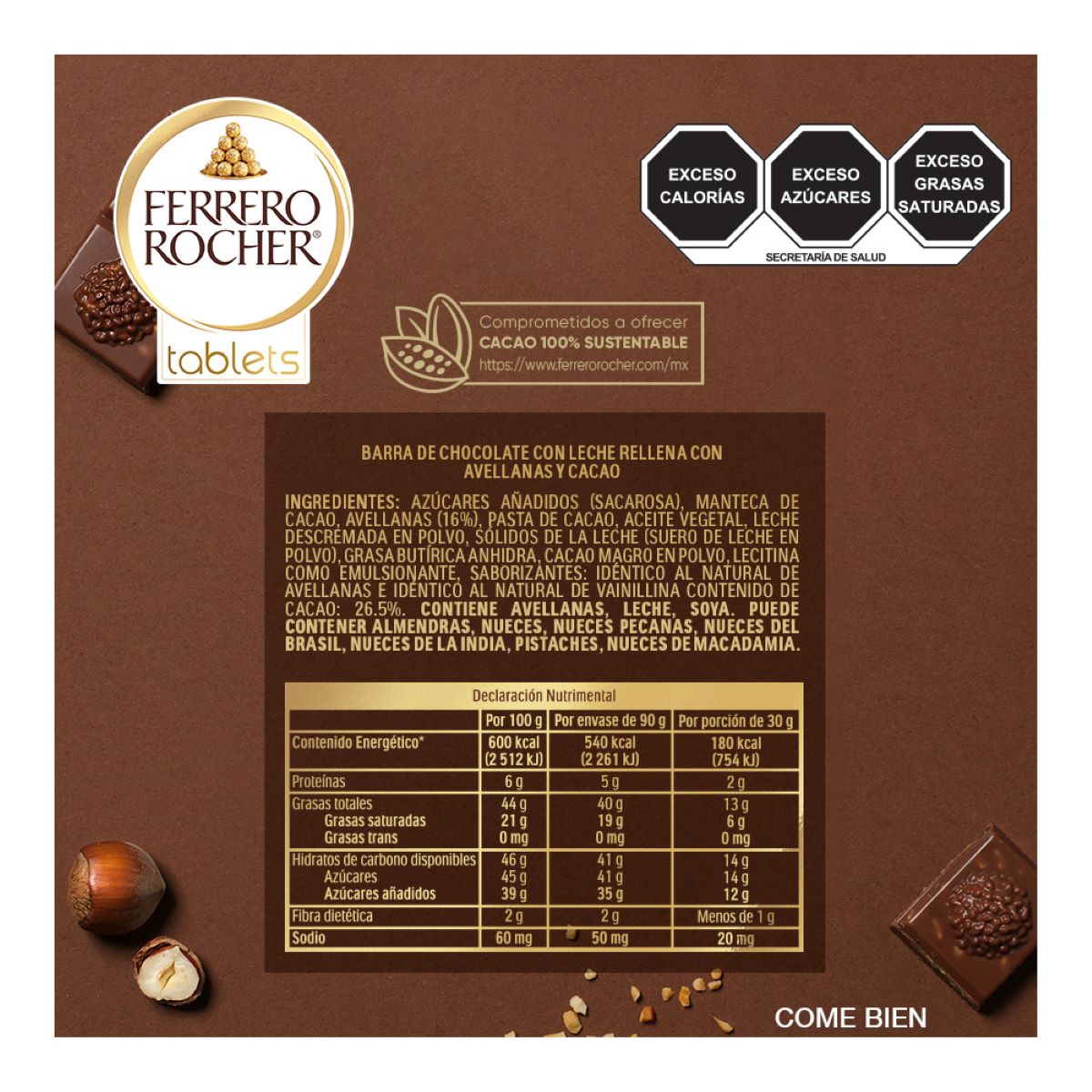 Barra Ferrero Rocher Tablets Chocolate con Leche Rellena de Avellanas y Cacao 90gr image number null
