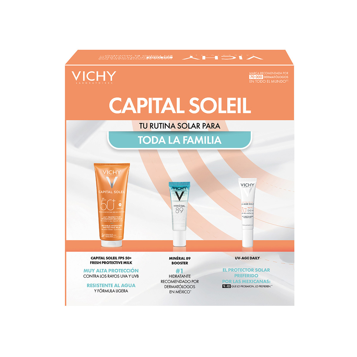 Vichy Capital Soleil FPS 50 Protector Solar Familiar + Vichy Capital Soleil UV-Age Daily FPS 50 + Mineral 89 Booster image number null