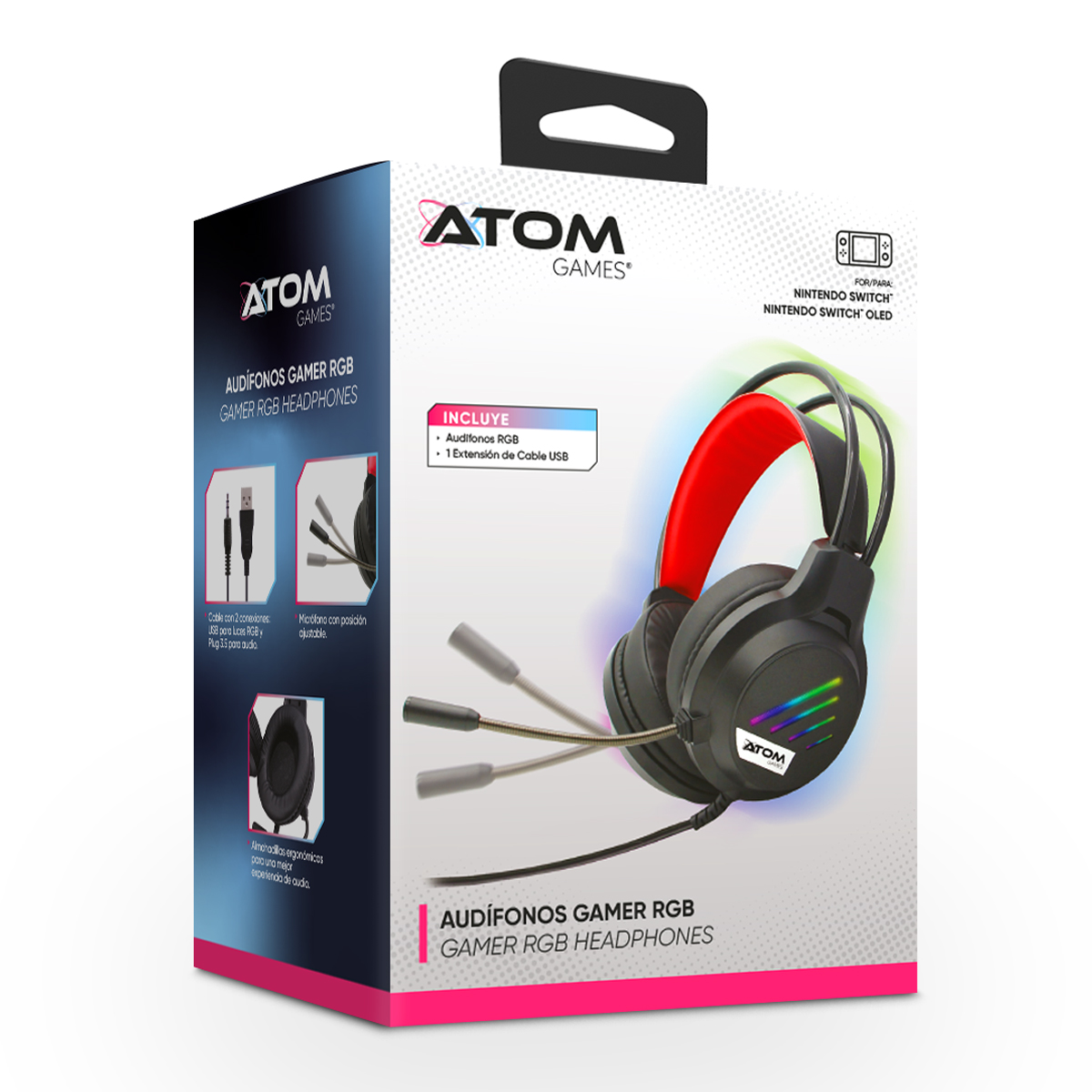 Aud&iacute;fonos Gamer RGB ATOM GAMES para NSW Al&aacute;mbrico con Micr&oacute;fono Ajustable image number null
