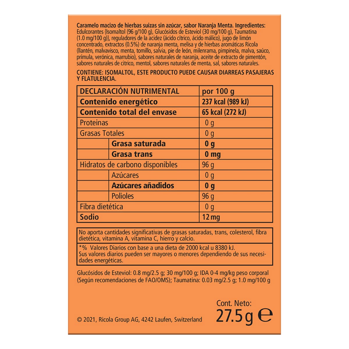 Ricola Naranja/Menta sin az&uacute;car 27.5g image number null