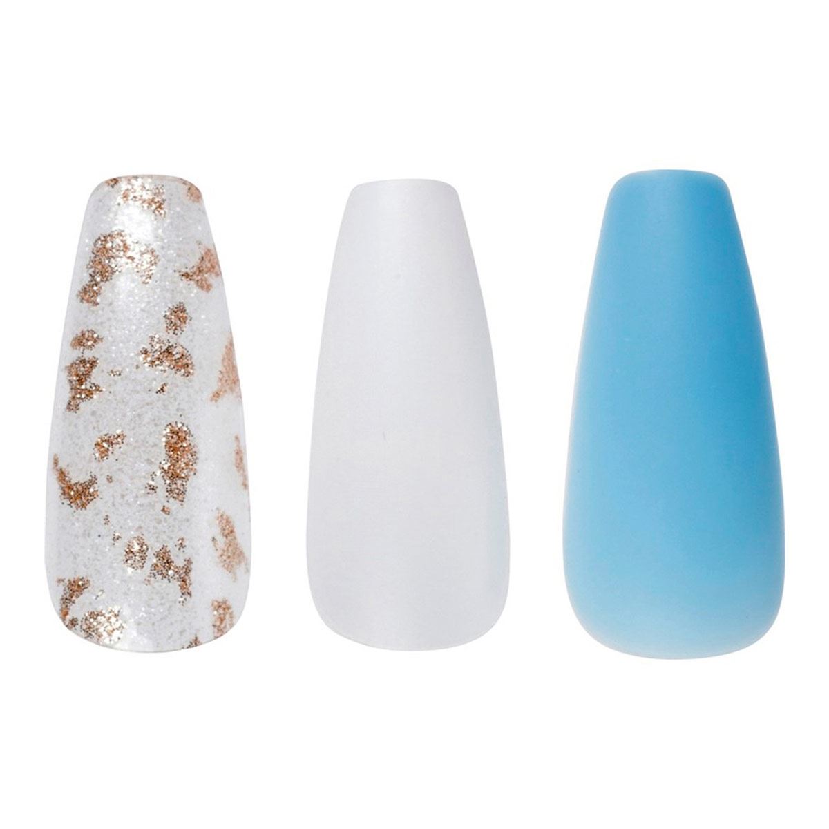 Kit U&ntilde;as Postizas Medium Coffin Azul/Blanco con detalles Dorados 24 piezas image number null