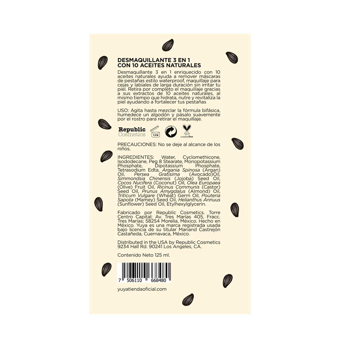 YUYA Desmaquillante 3 en 1 con 10 aceites naturales image number null