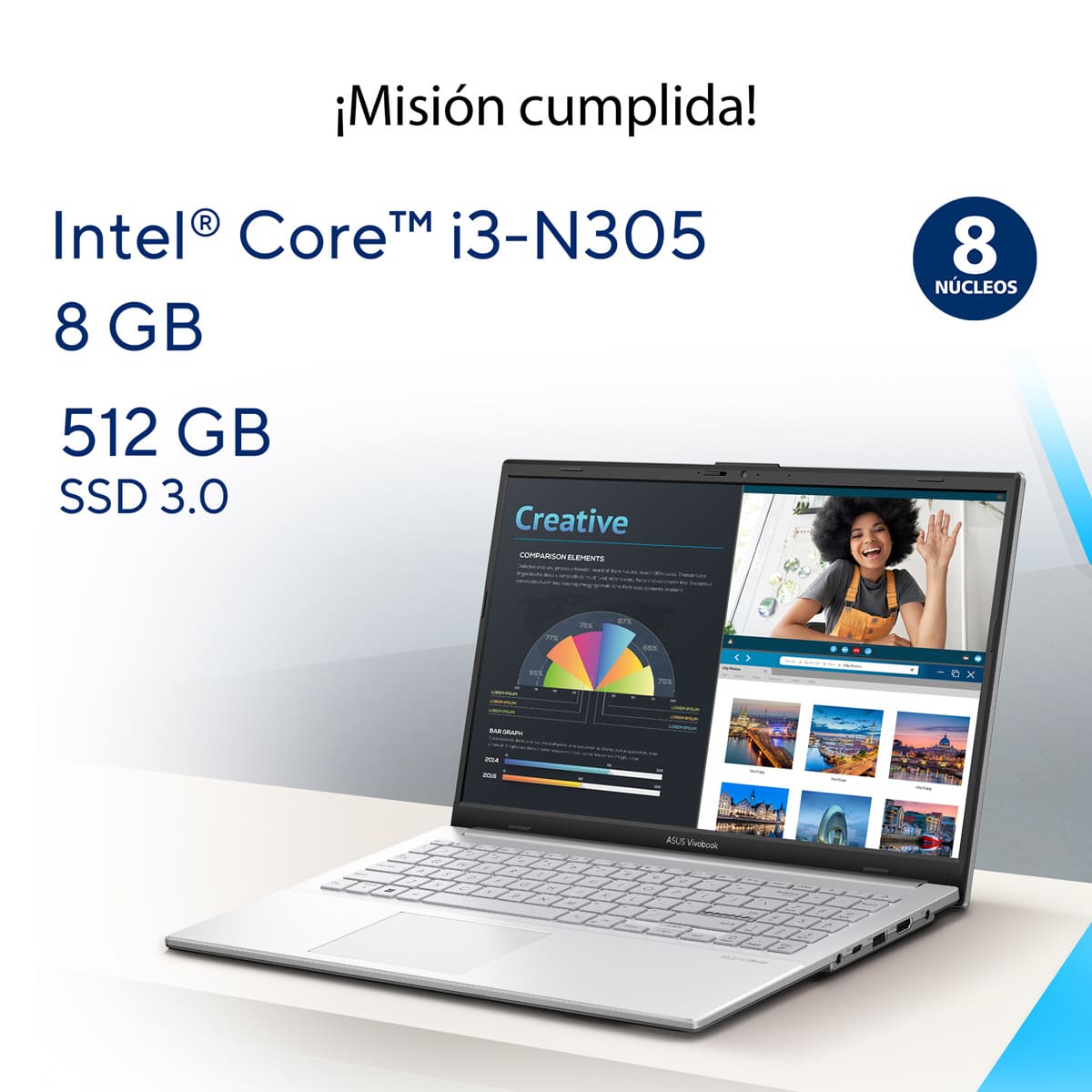 Laptop ASUS VivoBook E1504GA-NJ163W CI3-N305 8 RAM 512SSD+Mochila y Mouse image number null