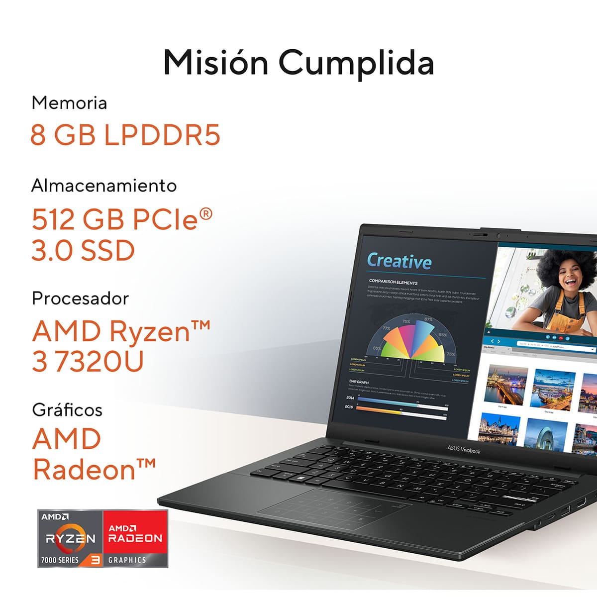 Laptop Asus Vivobook 14 Pulgadas L1404FA-NK286W RYZEN 3-7320U 8G 512SSD + Mochila y Mouse image number null